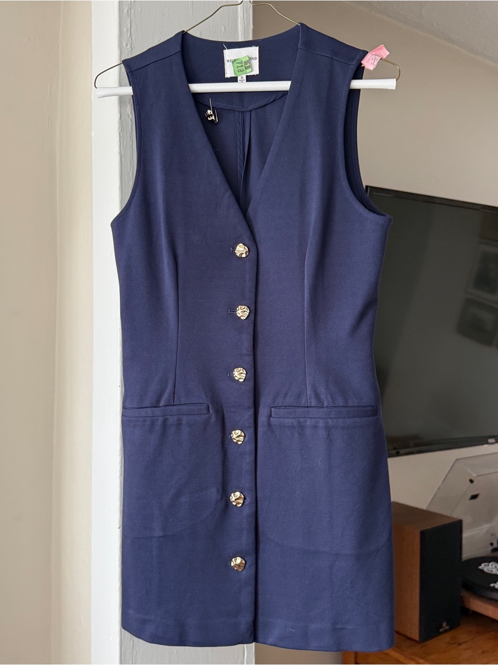 Willow & Wind Navy Longline Vest Size S Gold Button Blazer Dress